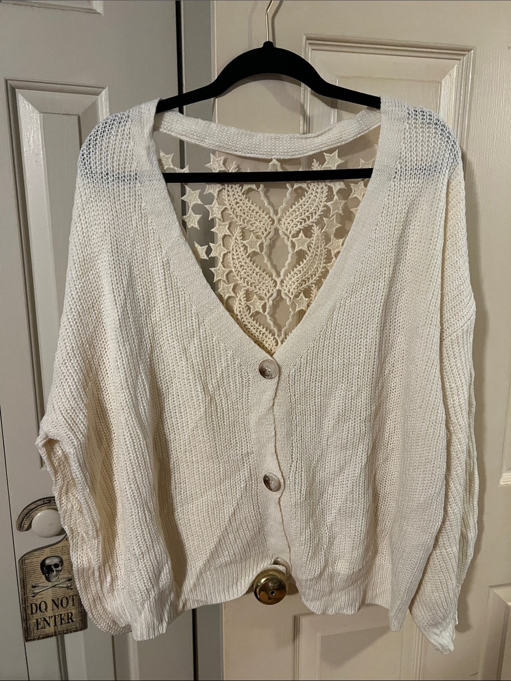 SHEIN Cream V-Neck Button Knit Cardigan with Crochet Back